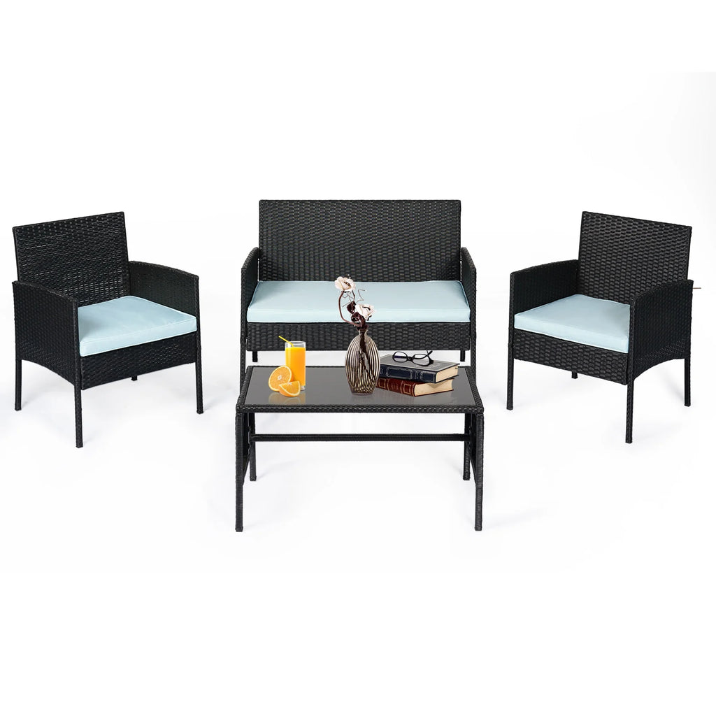 4 Piece Wicker Patio Conversation Set with Glass-Top Coffee Table & Gray Cushions U2053