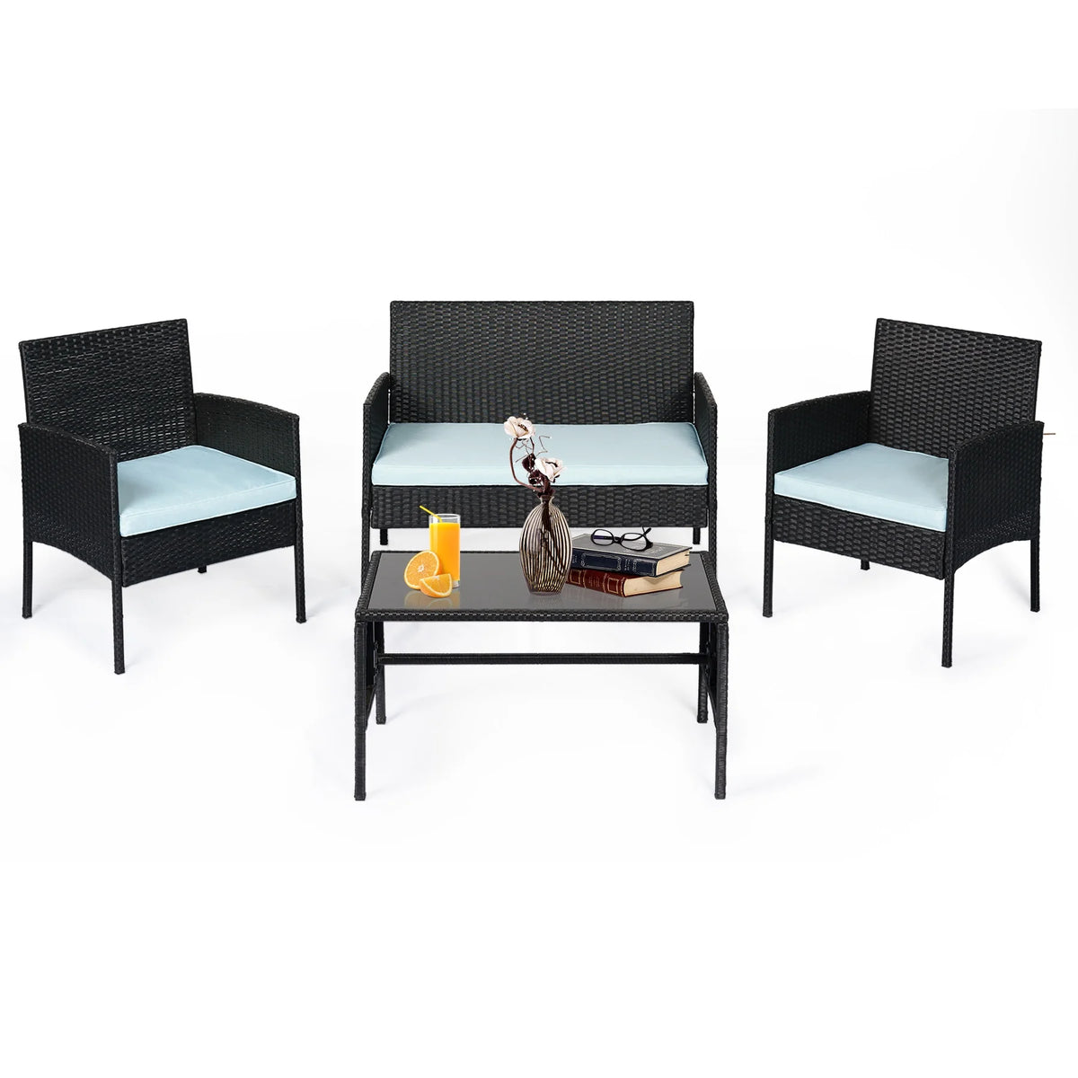 4 Piece Wicker Patio Conversation Set with Glass-Top Coffee Table & Gray Cushions U2053
