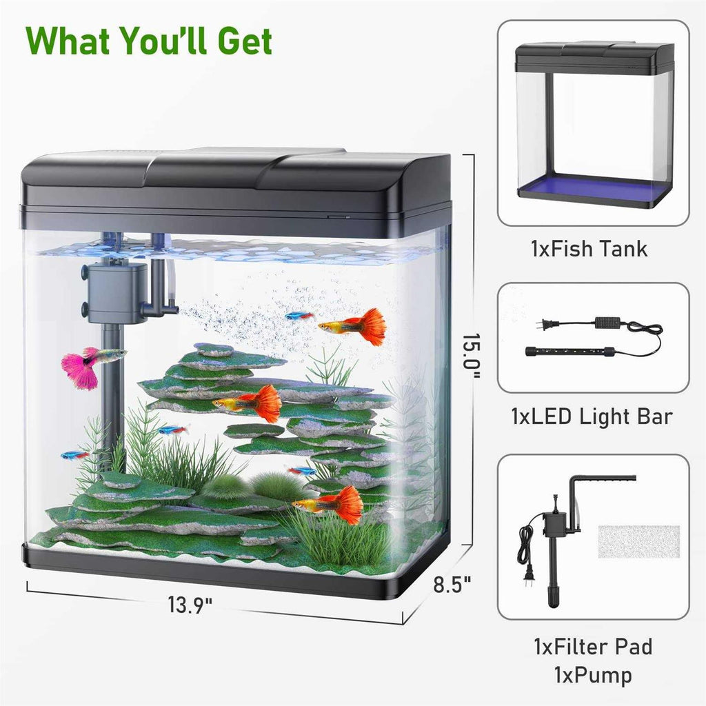 5 Gallon Glass Fish Tank with Air Pump LED Lights Filter E939