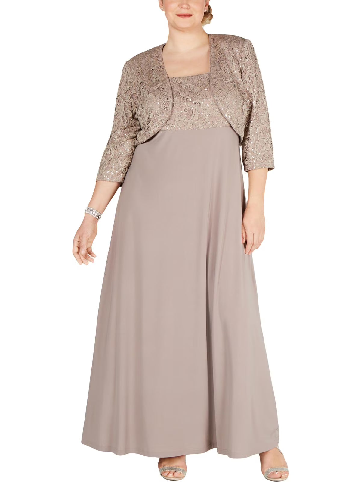 Beige Sequined Sleeveless Square Neck Full-Length Fit + Flare Dress A66456