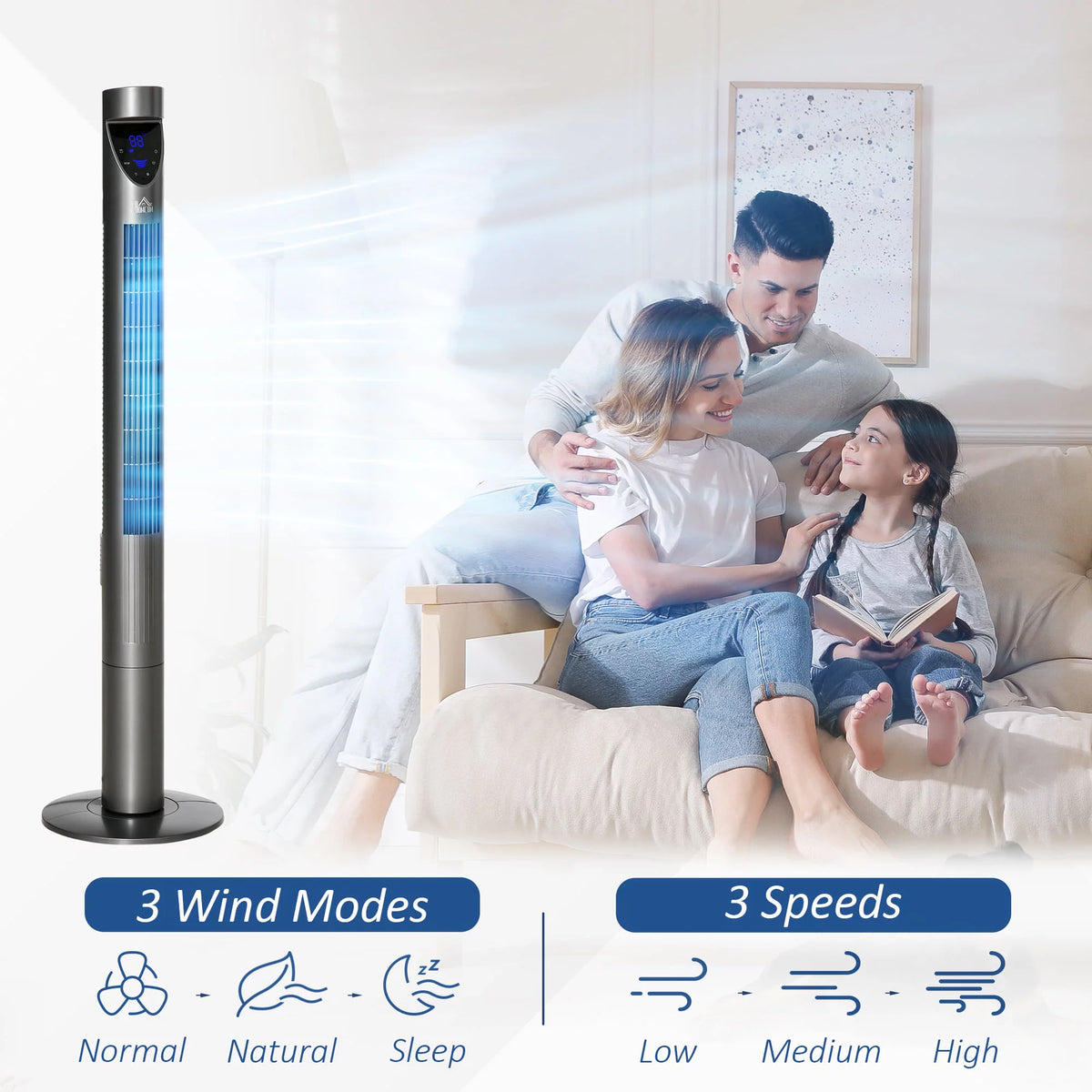 46 Tower Fan with Air Filter, Oscillating, 3 Speeds, 12H Timer, Remote Control, Grey X12035
