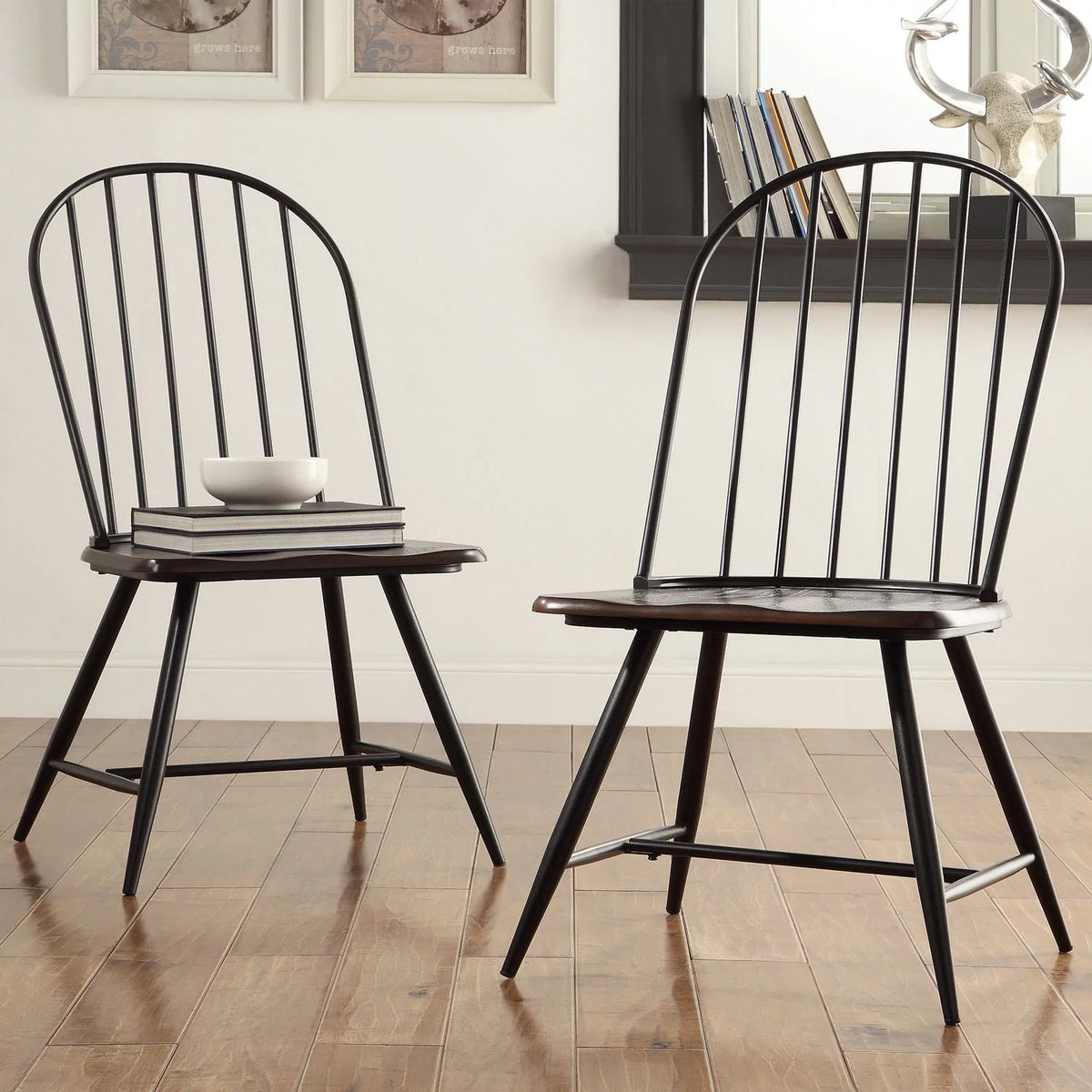 Two-Tone Windsor Chairs, Set of 4, Black and Oak Q776