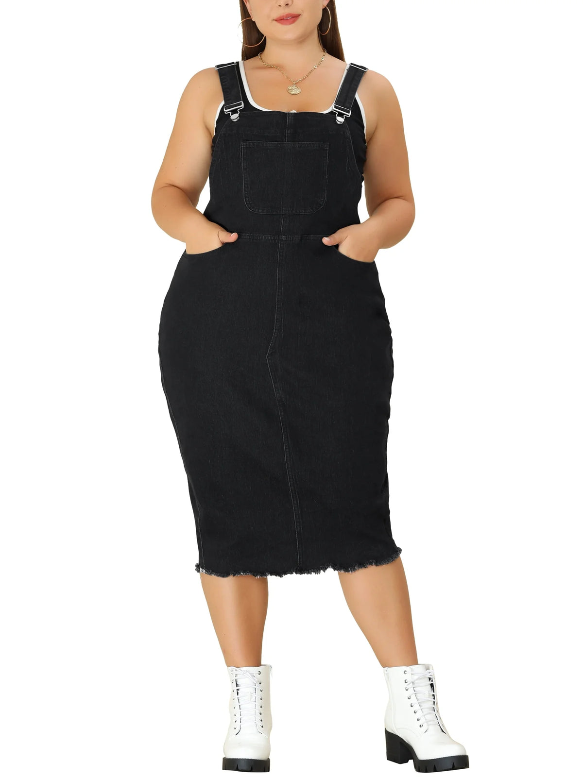 Plus Size Bodycon Raw Hem Denim Midi Overall Dresses K6745