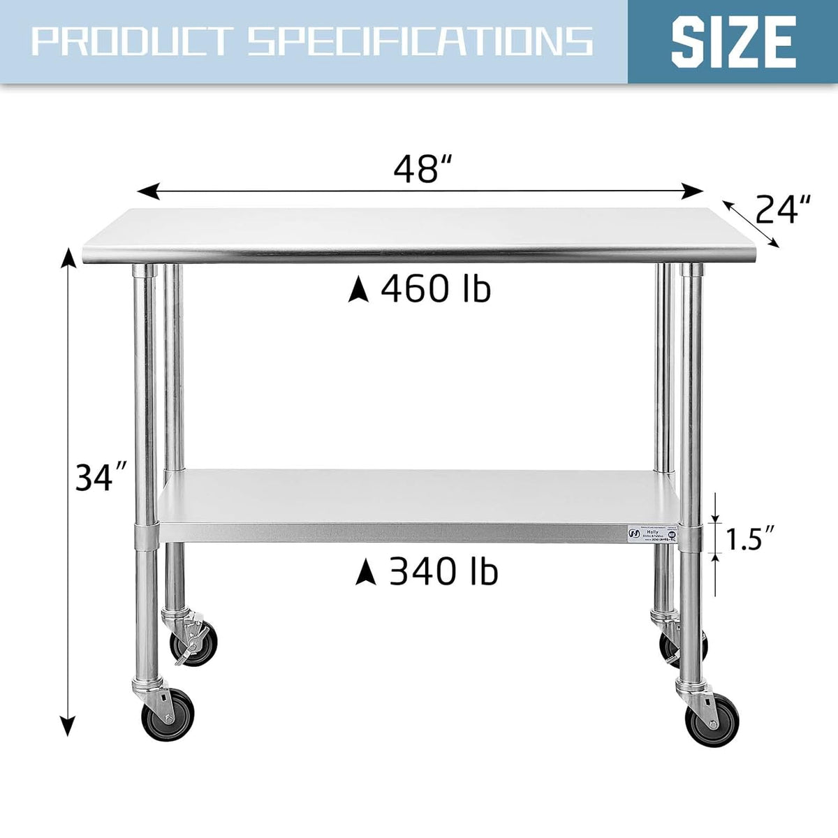 Stainless Steel Table 24 x 48 Inches with Caster Wheels and Undershelf W86221