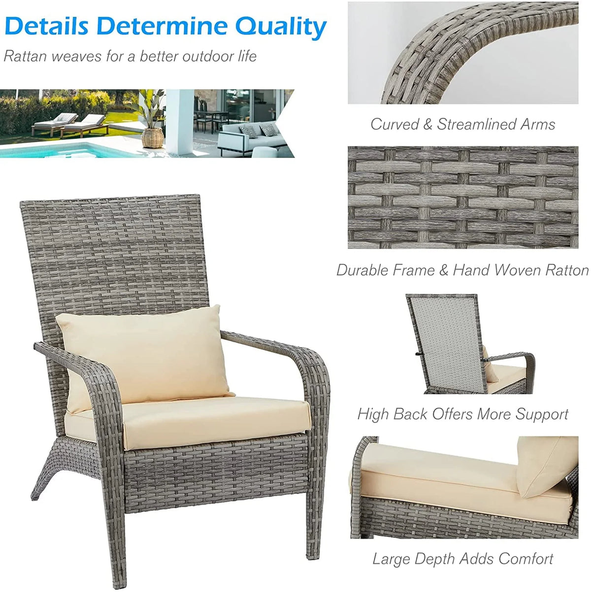 High Back Wicker Outdoor Dining Chairs with Cushion and Pillow in Gray K147078