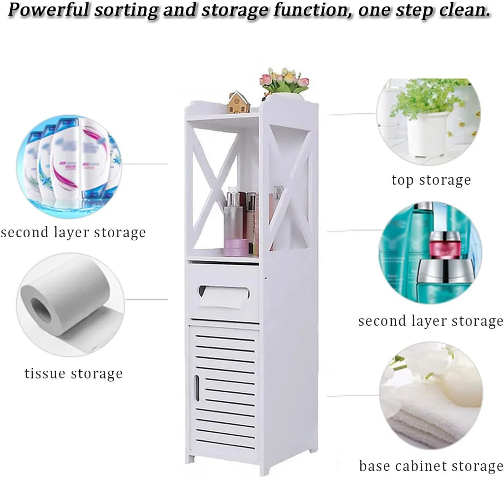 White 4 Tier Bathroom Storage Cabinet with 1 Door and 3 Shelves V830867