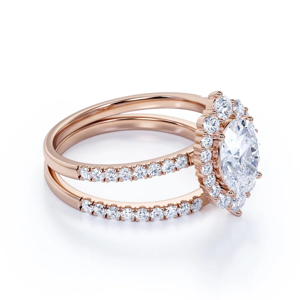 Vintage Oval Cut Real Diamond Pave Wedding Ring Set in 10k Rose Gold V732603