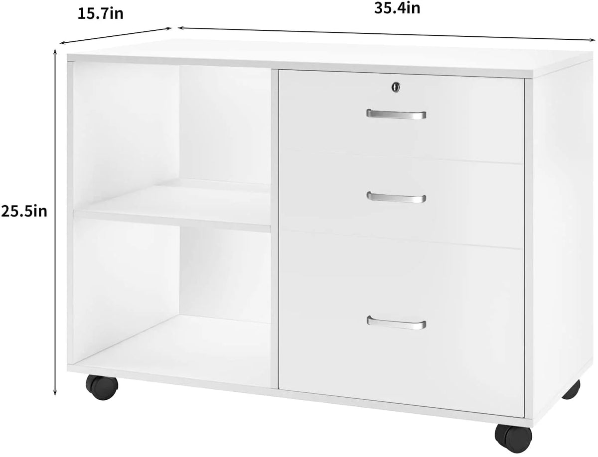 White 3 Drawer Wood File Cabinet with Storage Shelves A354