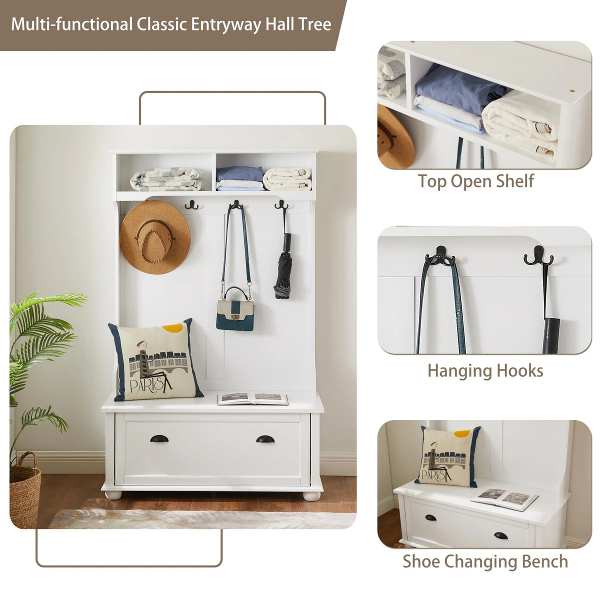 White Hall Tree Bench with Coat Rack and Shoe Cabinet A461