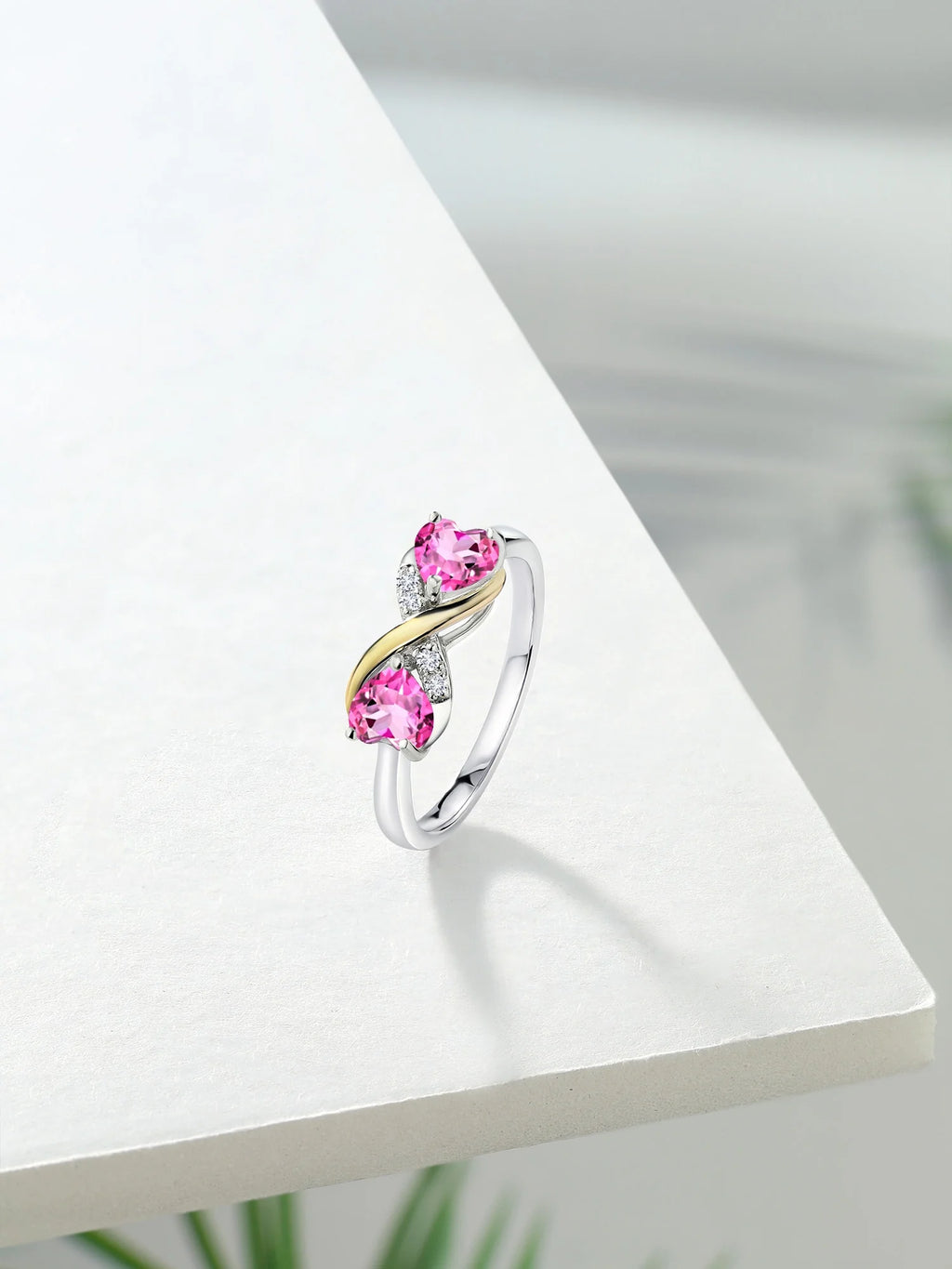 925 Silver 10K Yellow Gold Pink Mystic Topaz White Lab Grown Diamond Ring C9297