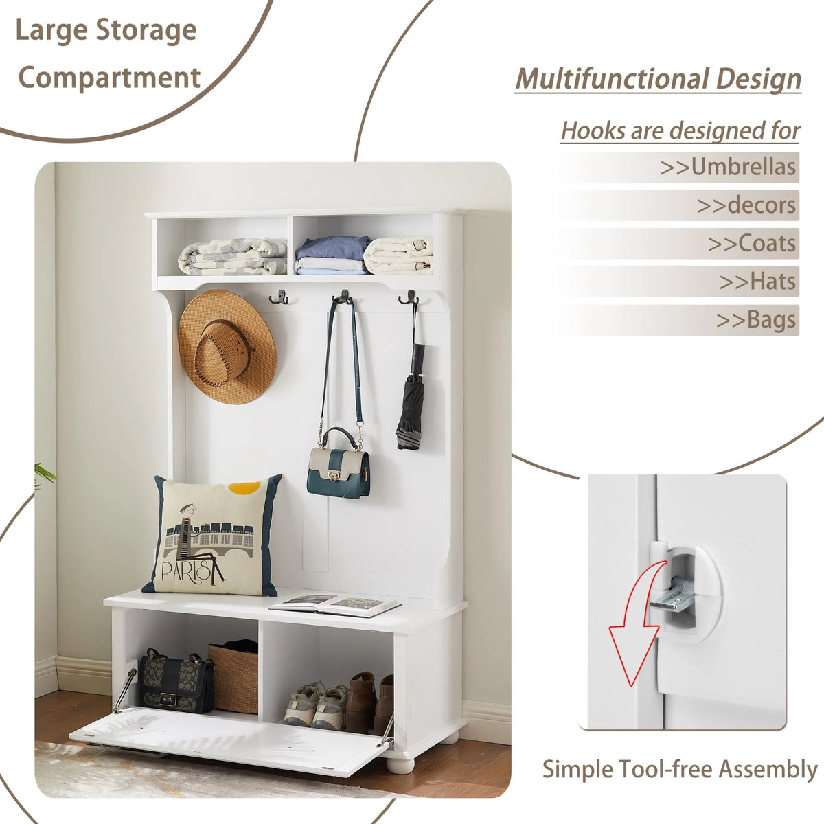 White Hall Tree Bench with Coat Rack and Shoe Cabinet A461