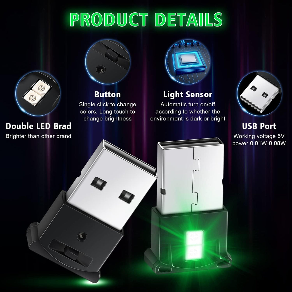 4 Pcs Mini USB LED Light, 8 Colors RGB Car LED Interior Lighting DC 5V Smart USB LED Atmosphere Light V9846