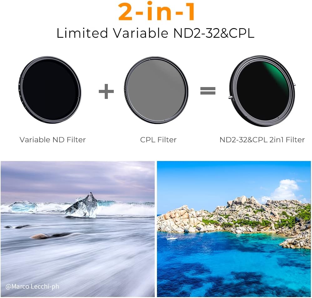 58mm Variable Fader ND2-ND32 ND Filter and CPL Circular Polarizing Filter 2 in 1, Pack of 2 K4607