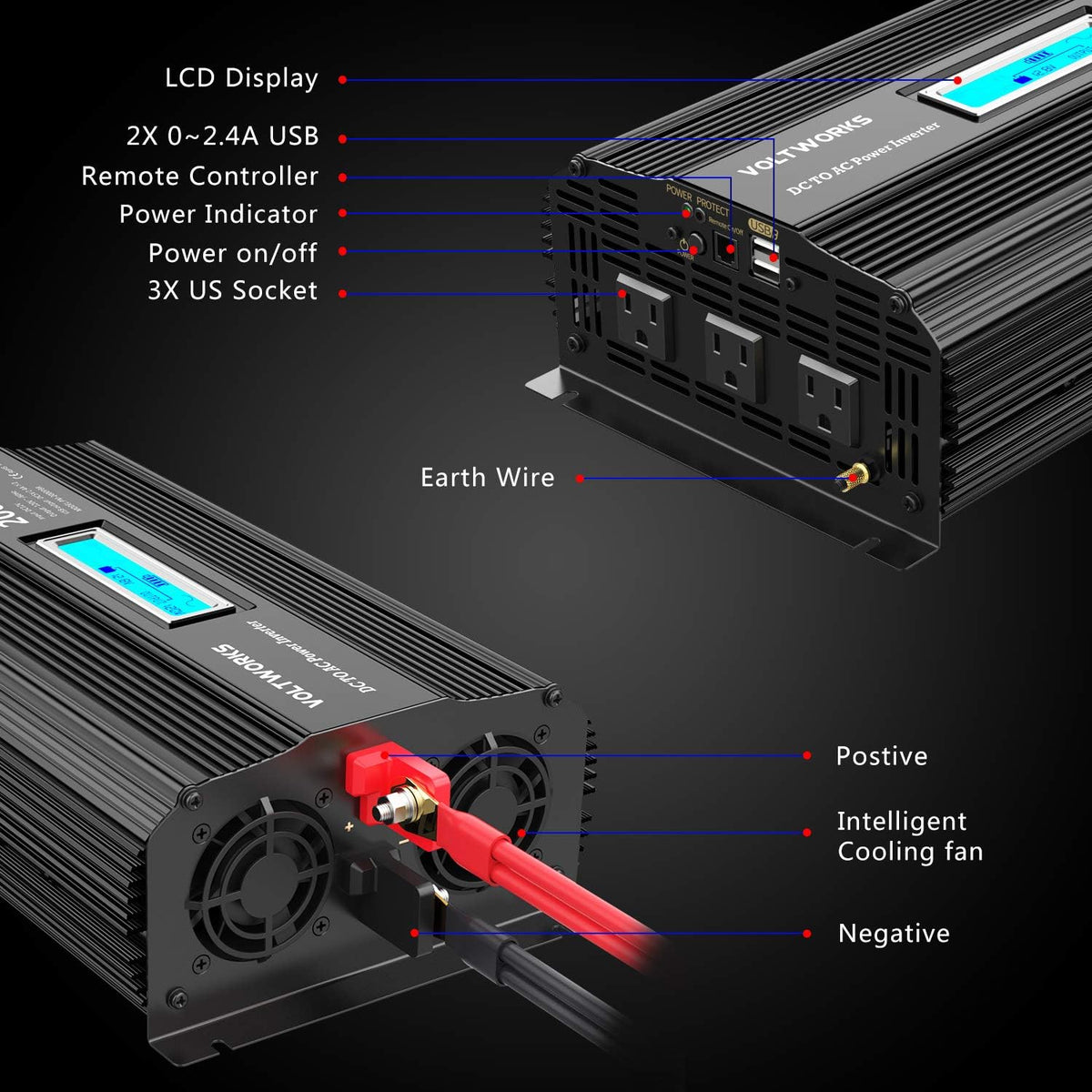 2000w DC 12V to AC 120V Modified Sine Wave Inverter with LCD Display Remote Control and 3AC Outlets Dual 2.4A USB Ports J47268