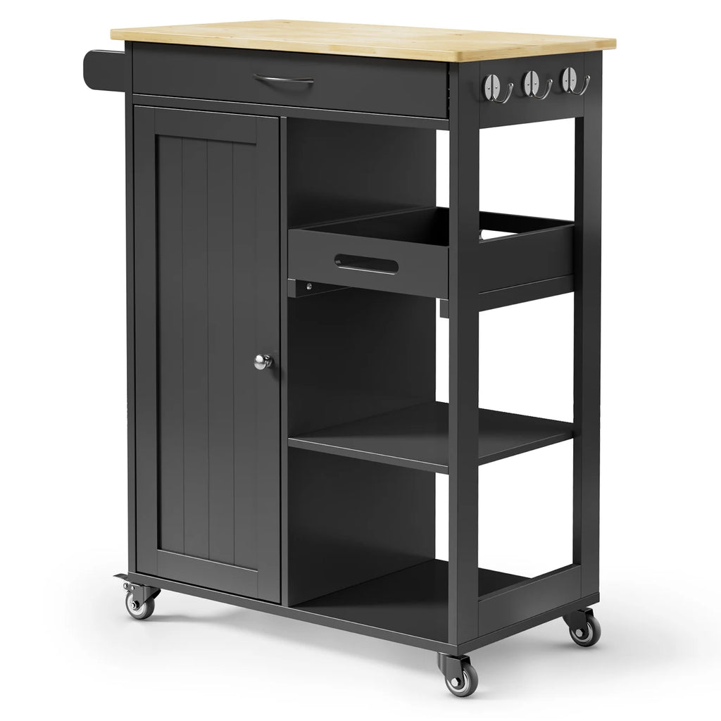 Black Kitchen Island Cart with Drawer and 3 Open Storage Shelves I7052