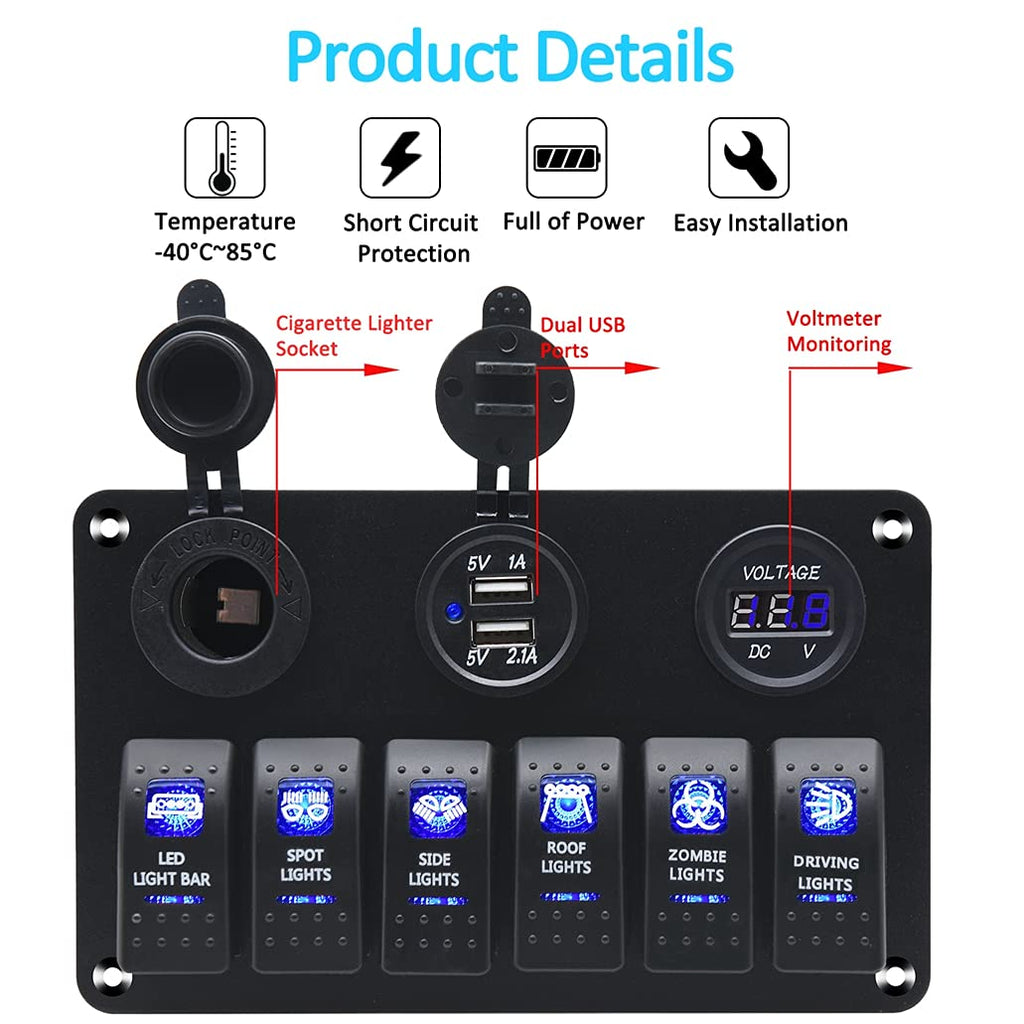 Waterproof Rocker Marine Switch Panel with USB, Blue LED, Pack of 2 W731