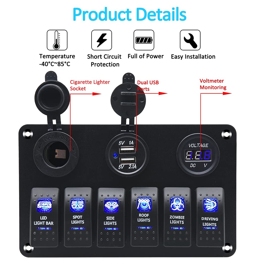 Waterproof Rocker Marine Switch Panel with USB, Blue LED, Pack of 2 W731