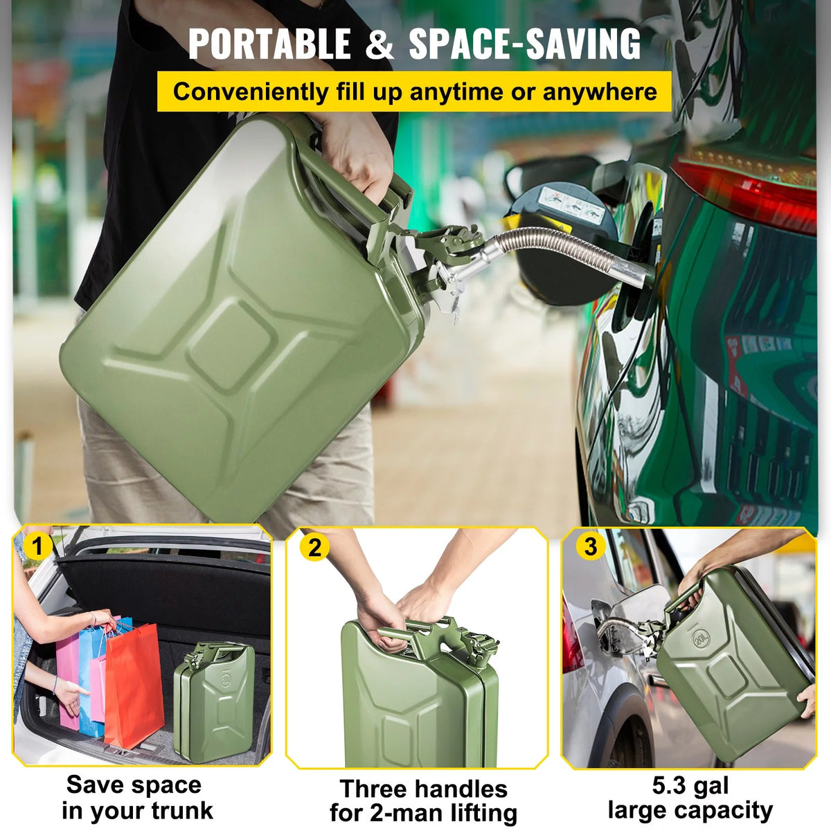 5.3 Gallon Portable Steel Fuel Can with Flexible Spout, 2pcs Green M658119