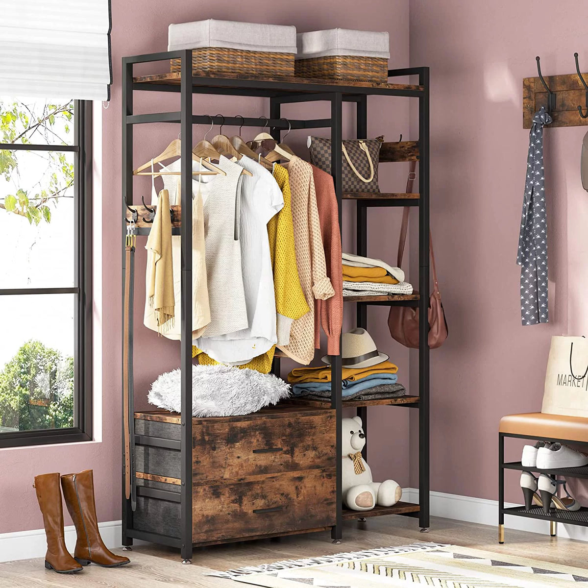 Freestanding Clothes Rack with Drawers and Shelves, Rustic Brown X461