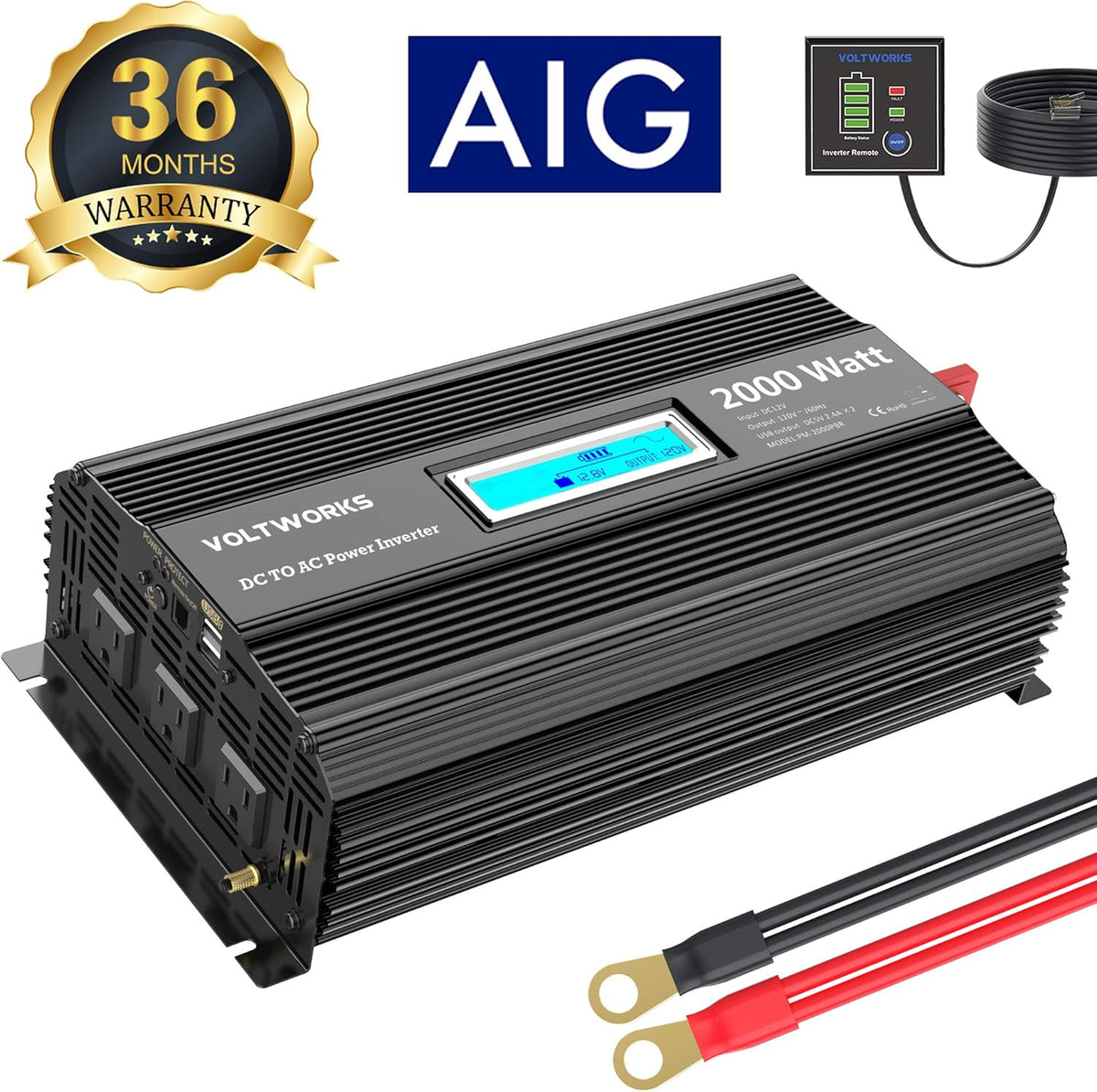 2000w DC 12V to AC 120V Modified Sine Wave Inverter with LCD Display Remote Control and 3AC Outlets Dual 2.4A USB Ports J47268