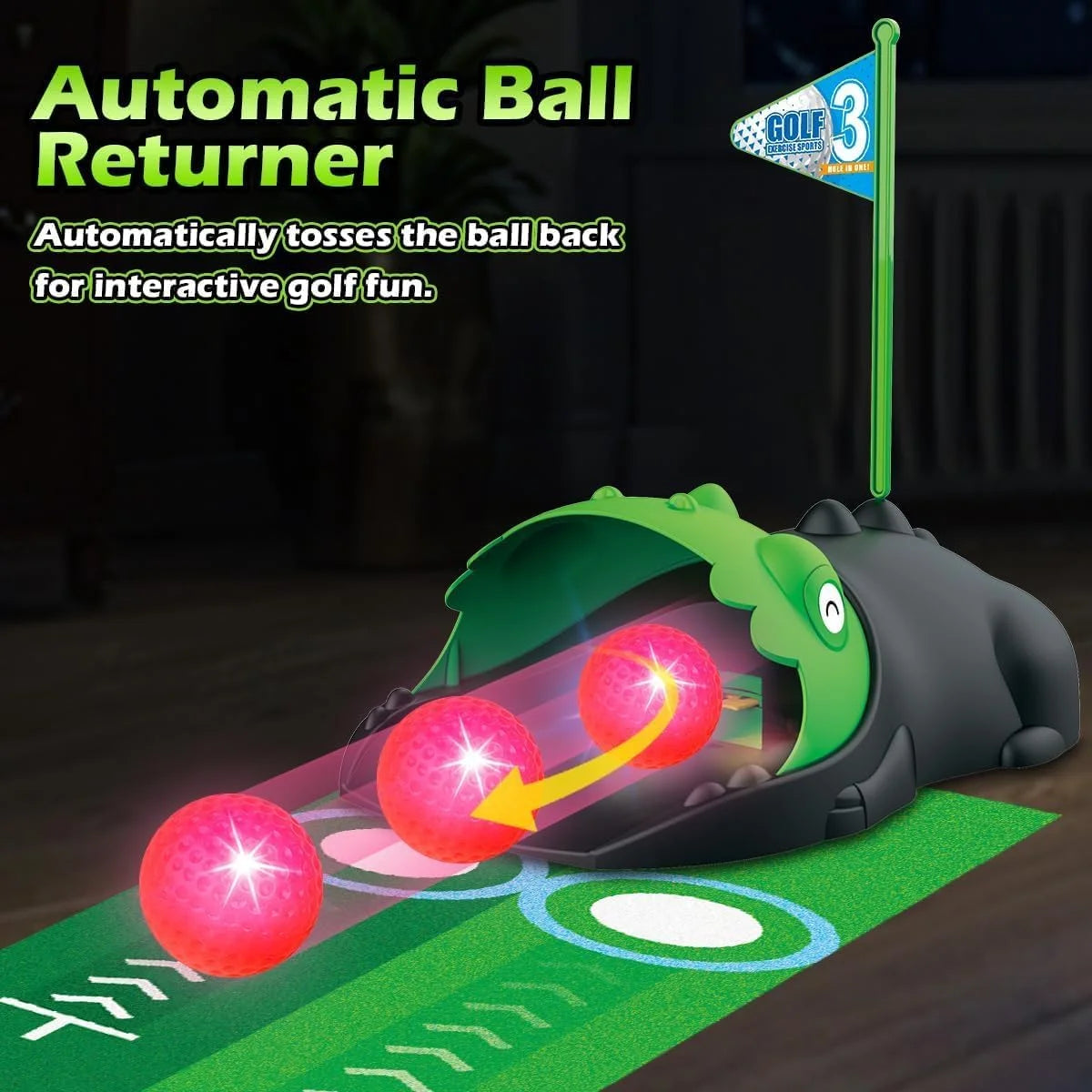 Kids Toy Golf Set with Dinosaur Automatic Golf Returner, Putting Mat, Indoor Outdoor Sports Toys O476