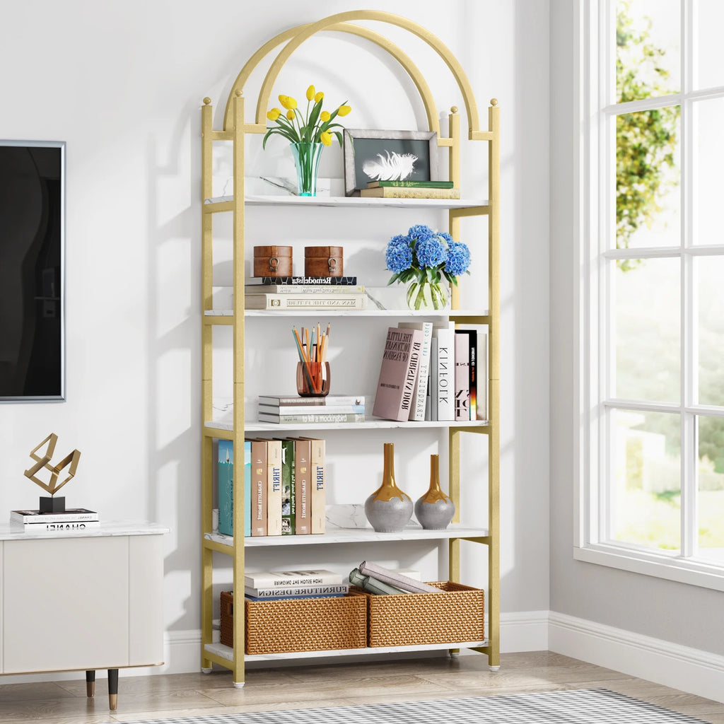 72.4 inch Tall Gold Metal 5 Shelf Arched Bookcase K8421