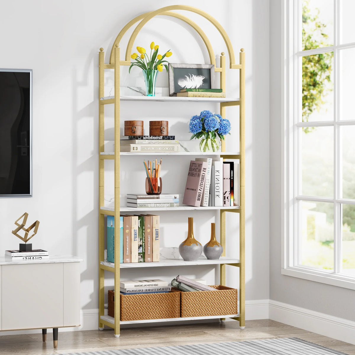 72.4 inch Tall Gold Metal 5 Shelf Arched Bookcase K8421