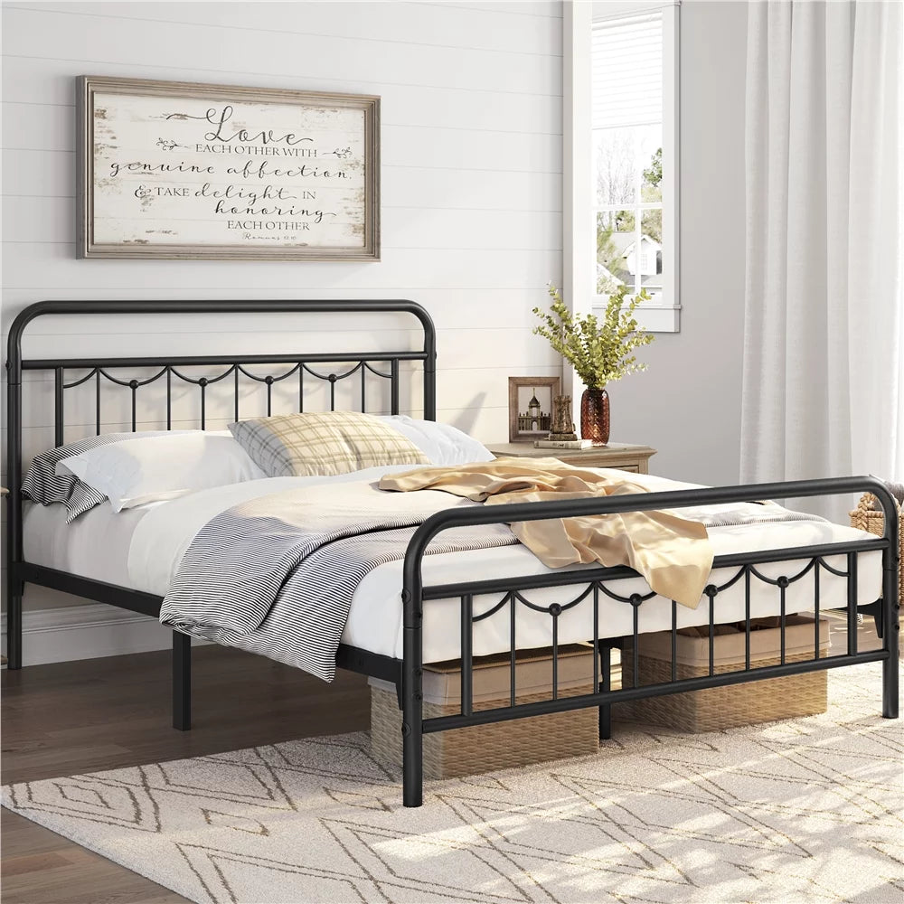 Queen Matte Black Metal Platform Bed Frame with Headboard and Footboard Y4976
