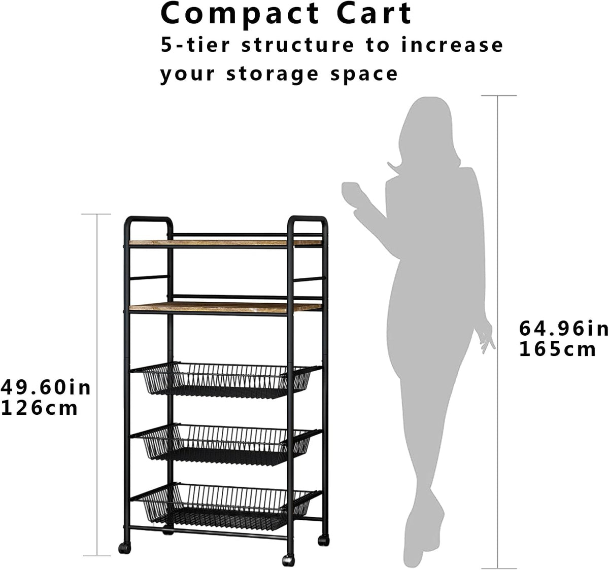 Black 5-Tier Rolling Utility Storage Cart with 3 Basket Drawers A6289