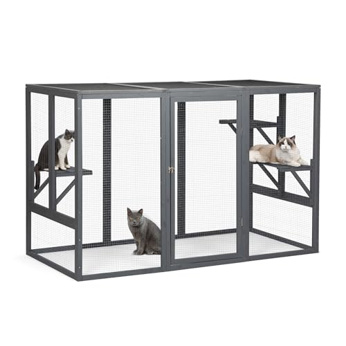 Grey Wooden Cat Cage with 3 Platforms and Litter Box Z99231