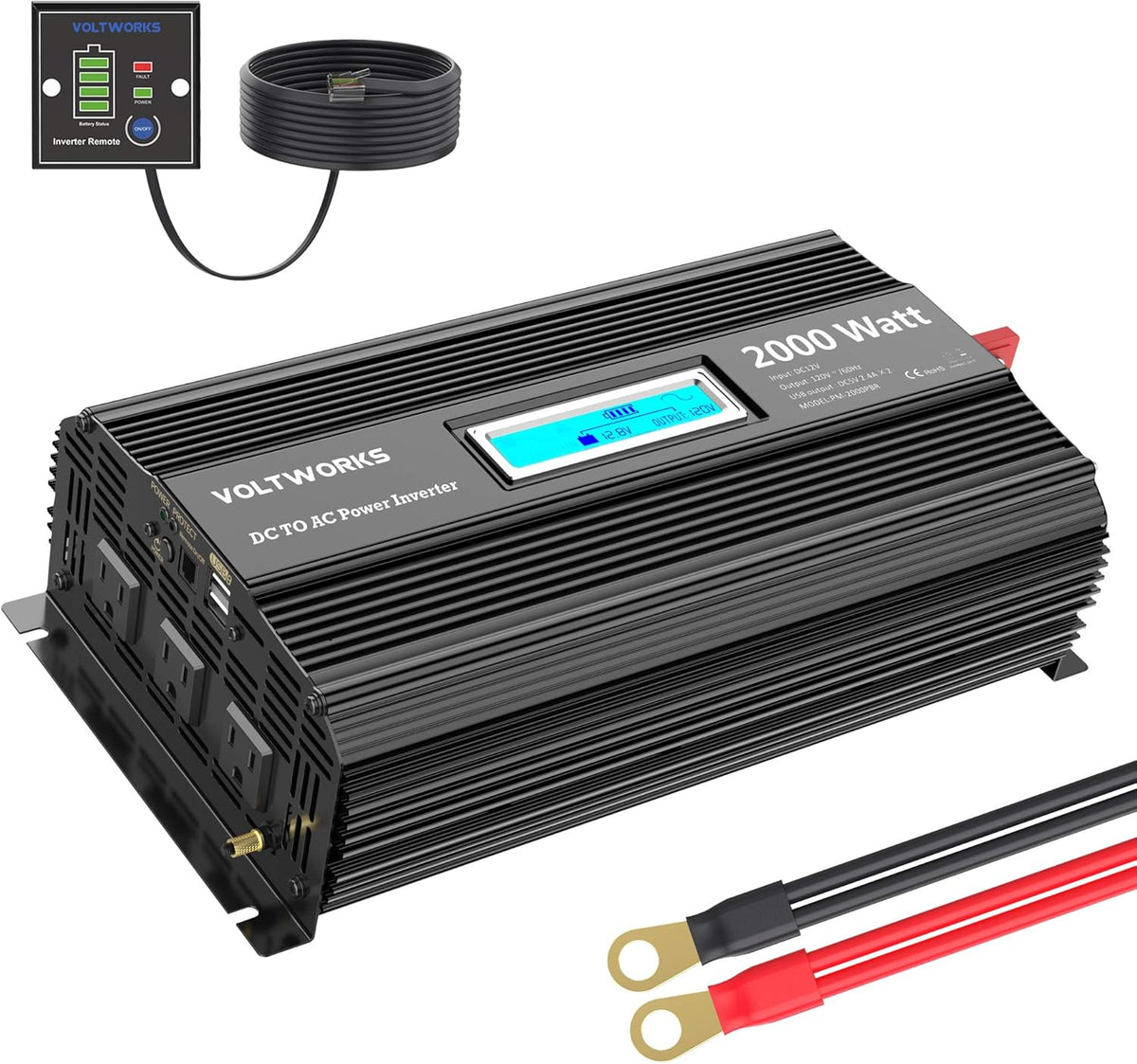 2000w DC 12V to AC 120V Modified Sine Wave Inverter with LCD Display Remote Control and 3AC Outlets Dual 2.4A USB Ports J47268