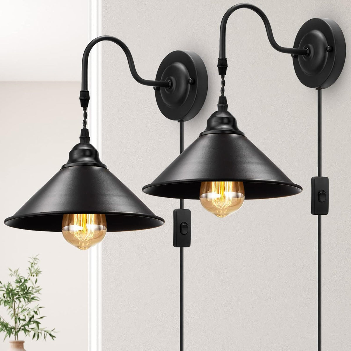 Vintage Plug in Wall Sconces Set of 2 Metal Black Wall Mounted Light Fixture H489