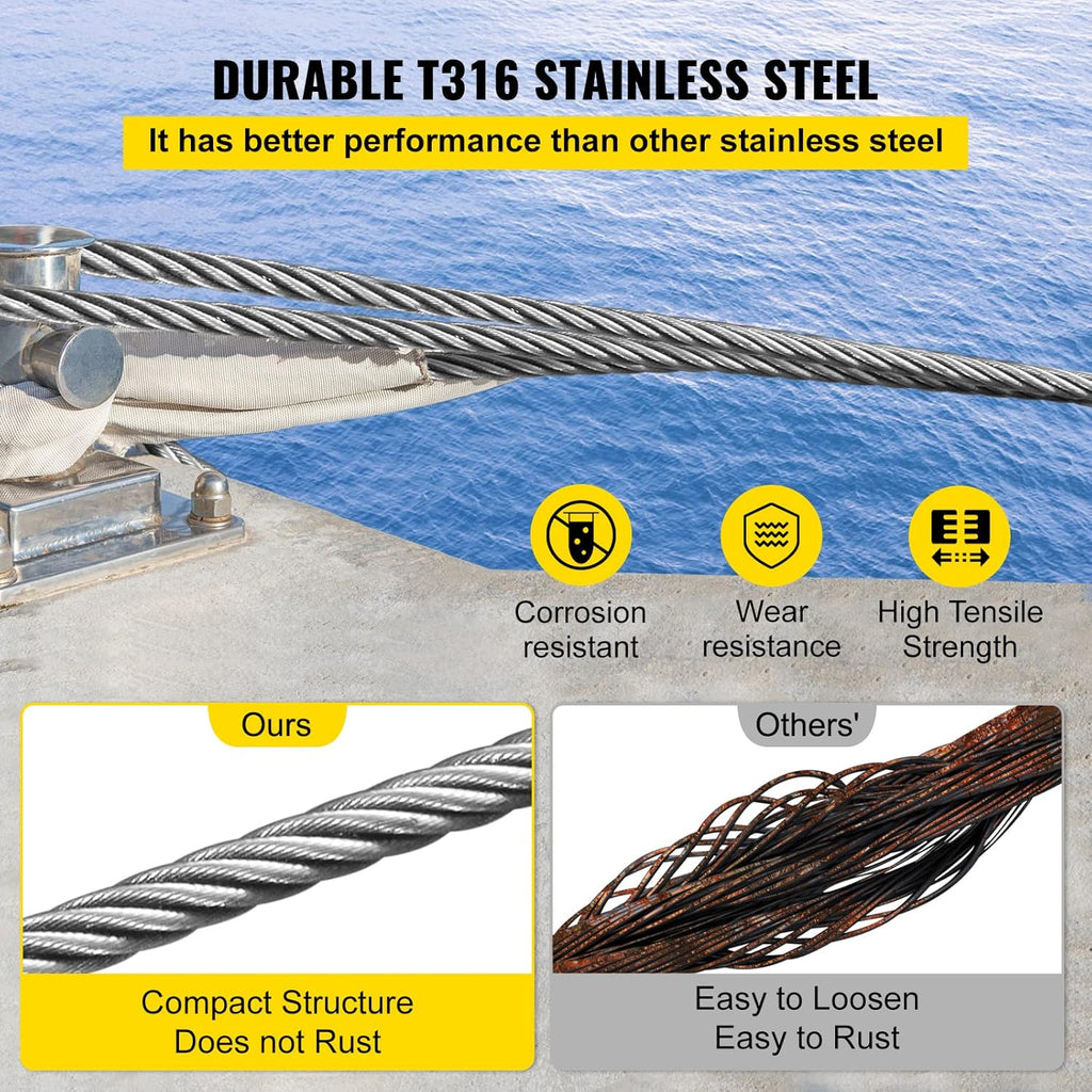 500FT 1/8 Inch Stainless Steel 1x19 T316 Wire Rope Y86285