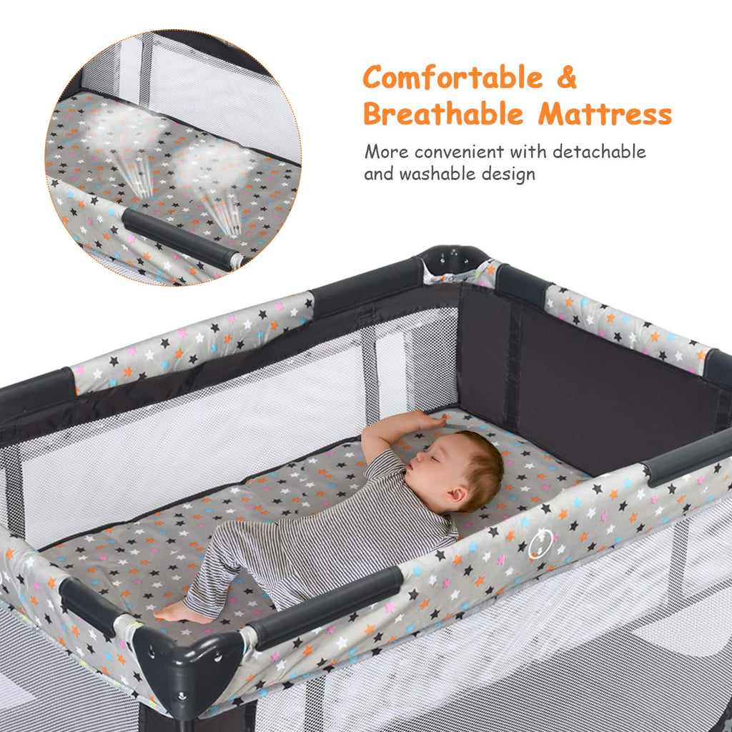 Pack and Play Foldable Baby Playard with Bassinet Travel Baby Crib Gray R5097