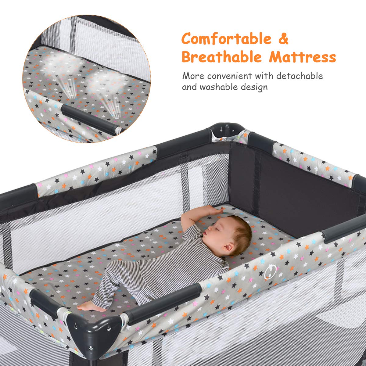 Pack and Play Foldable Baby Playard with Bassinet Travel Baby Crib Gray R5097