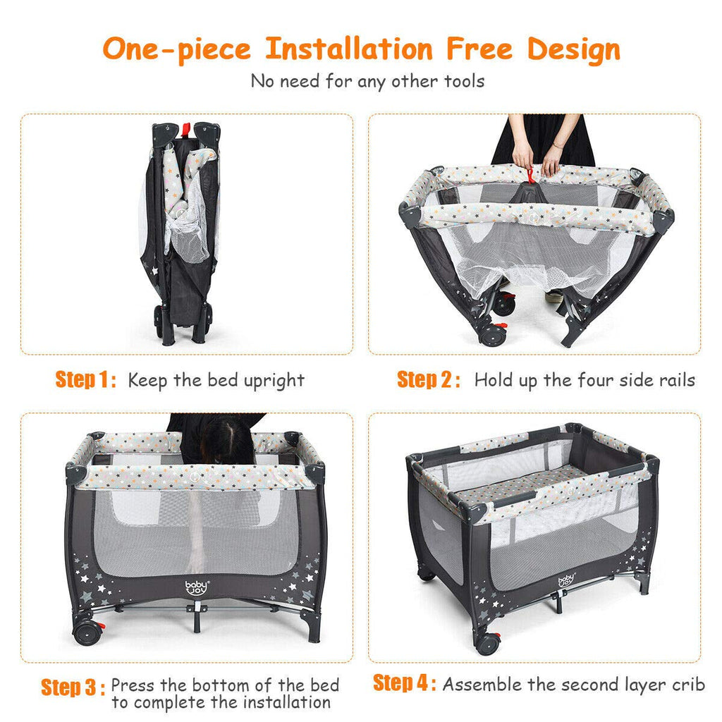 Pack and Play Foldable Baby Playard with Bassinet Travel Baby Crib Gray R5097