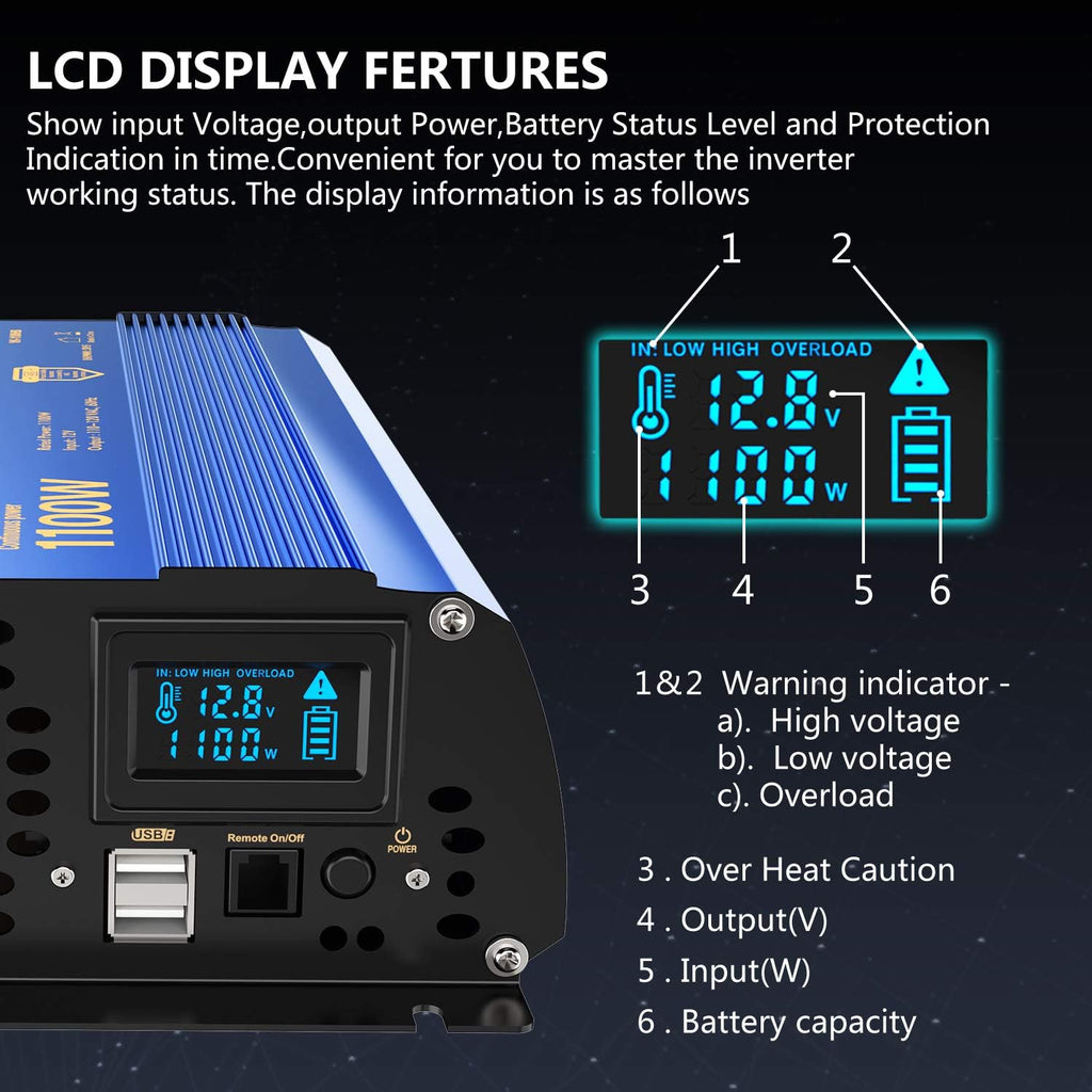 2000w DC 12V to AC 120V Modified Sine Wave Inverter with LCD Display Remote Control and 3AC Outlets Dual 2.4A USB Ports J47268