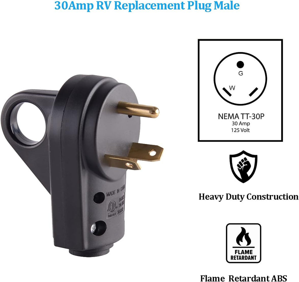 30 Amp RV Plug Male Replacement 3 Prong Electrical Power Connector Pack of 2 N6619