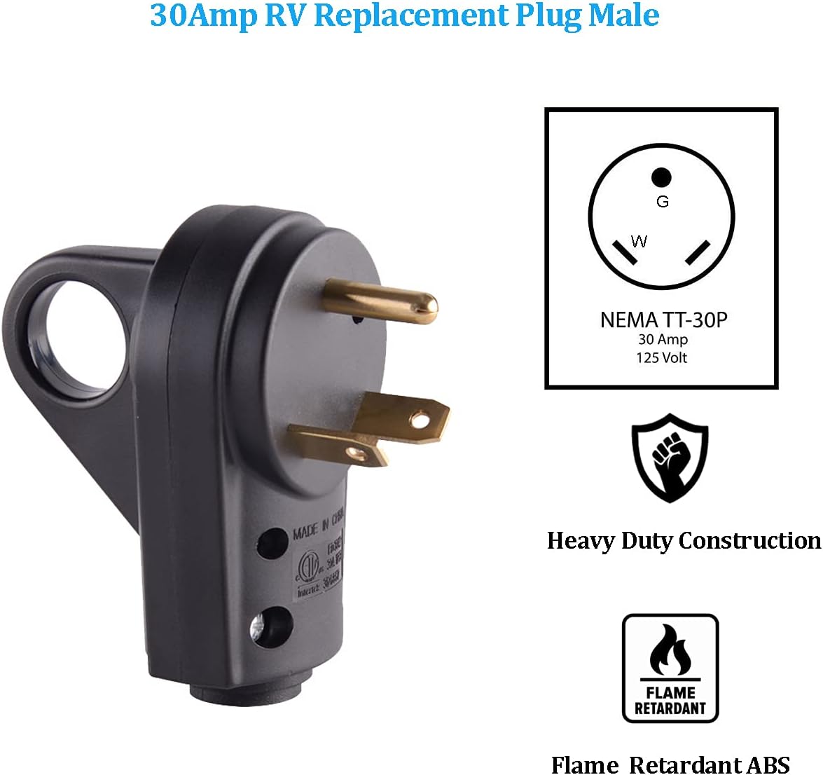 30 Amp RV Plug Male Replacement 3 Prong Electrical Power Connector Pack of 2 N6619