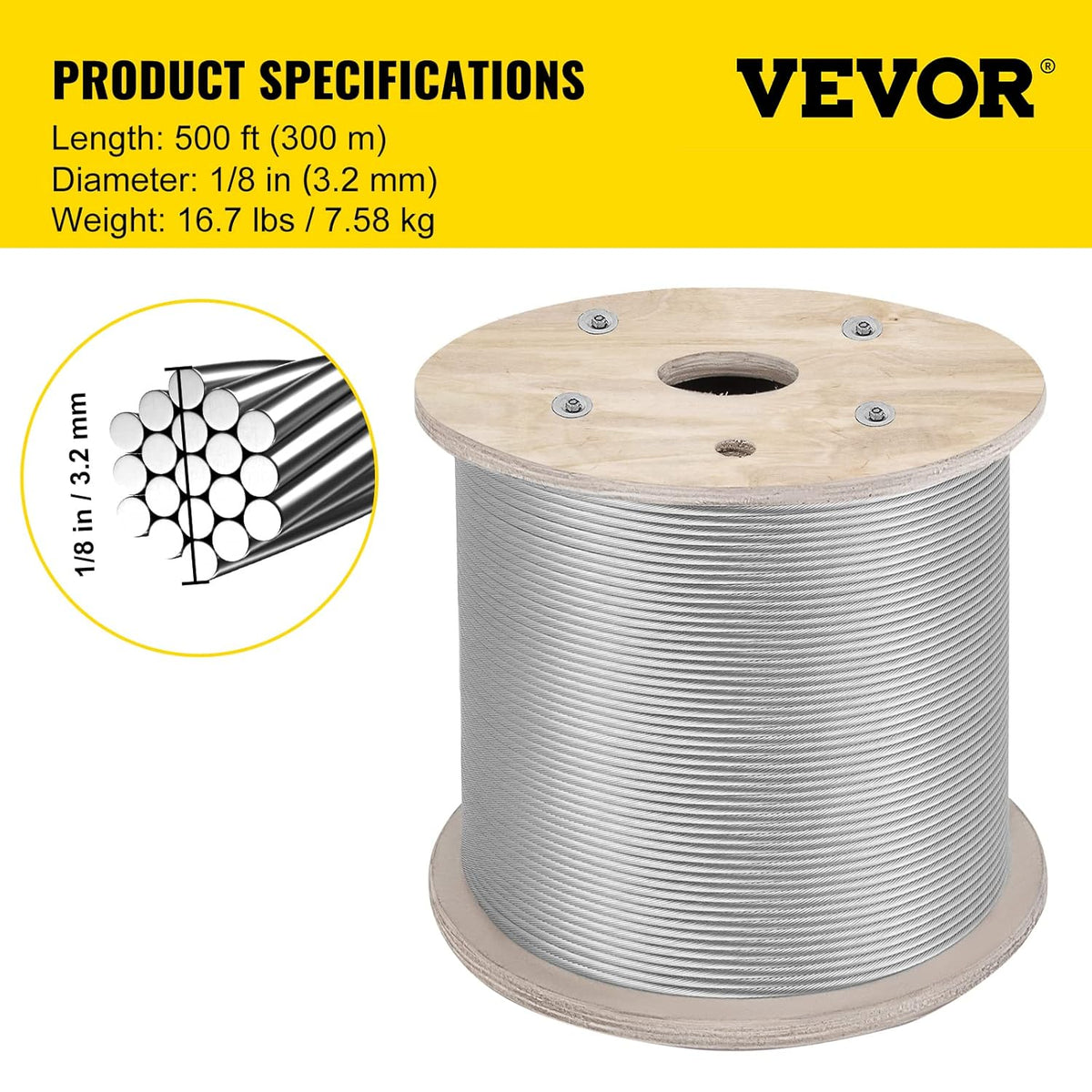 500FT 1/8 Inch Stainless Steel 1x19 T316 Wire Rope Y86285