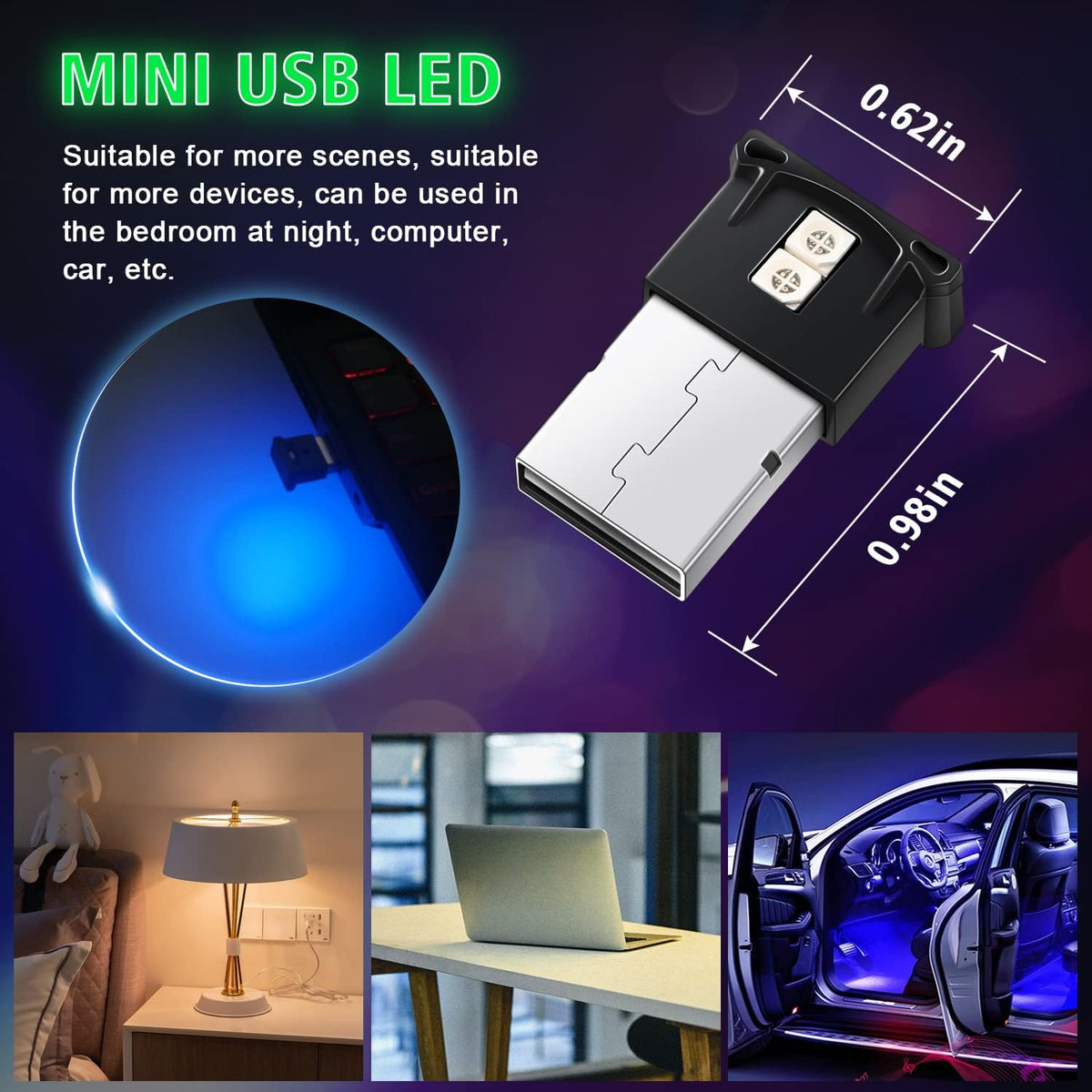 4 Pcs Mini USB LED Light, 8 Colors RGB Car LED Interior Lighting DC 5V Smart USB LED Atmosphere Light V9846