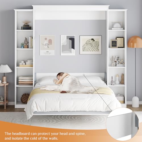 White Queen Murphy Bed Cabinet with 5-Tier Adjustable Storage Shelves X747