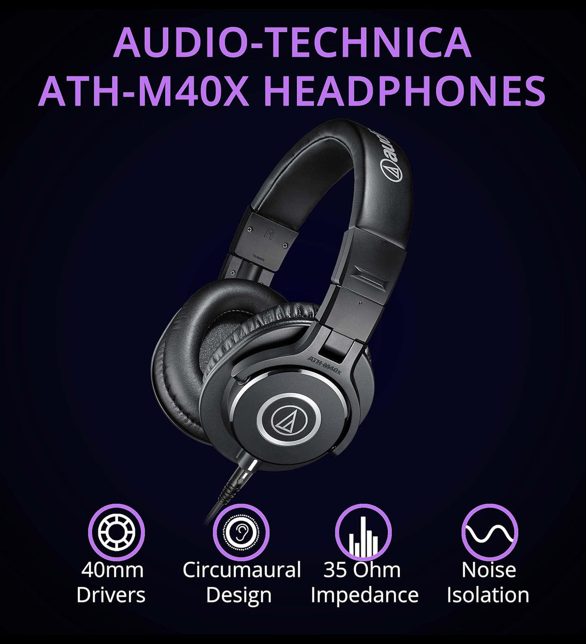 Studio Monitor Headphones with Headphone Hook, Y Splitter Cable, and 2-Pack of Replacement Earpads C1216