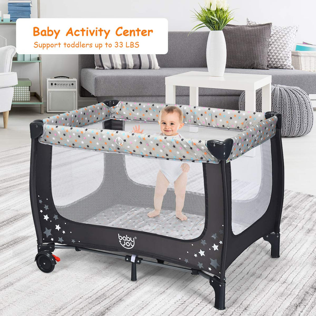 Pack and Play Foldable Baby Playard with Bassinet Travel Baby Crib Gray R5097