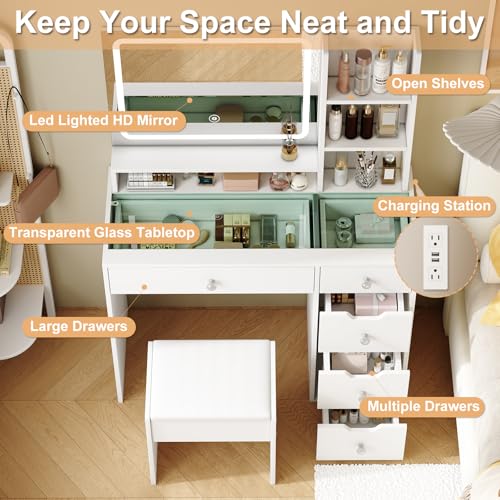 White Vanity Desk with Mirror and LED Lights, 5 Drawers, Stool T931878