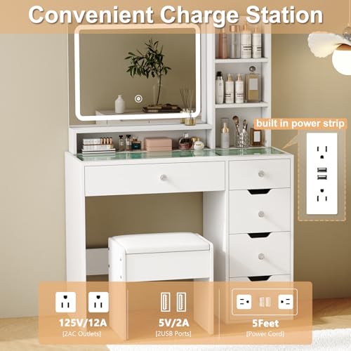 White Vanity Desk with Mirror and LED Lights, 5 Drawers, Stool T931878