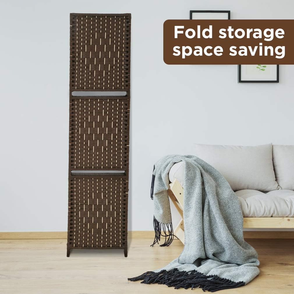 Brown 6 Panel Wooden Folding Room Divider with Shelves B863