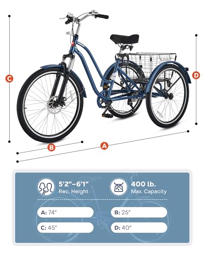 24 26 Inch 7 Speed Adult Tricycle with Front Suspension and Removable Basket J850