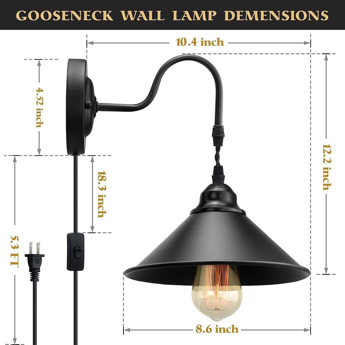 Vintage Plug in Wall Sconces Set of 2 Metal Black Wall Mounted Light Fixture H489