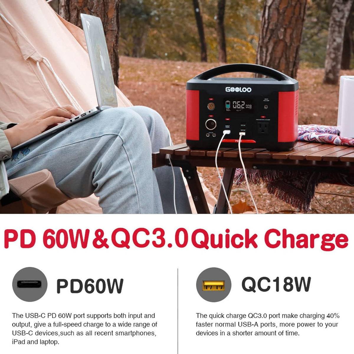 Portable Power Station 626Wh 600W AC Outlets Lithium Battery Y973